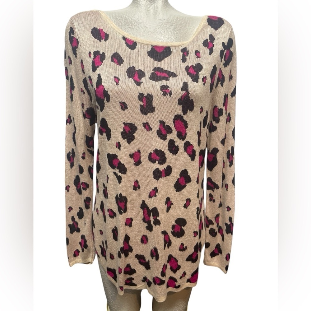 Chico's Women's Sweater Tan Leopard Animal Print Long Sleeve Boat Neck Size 1- M